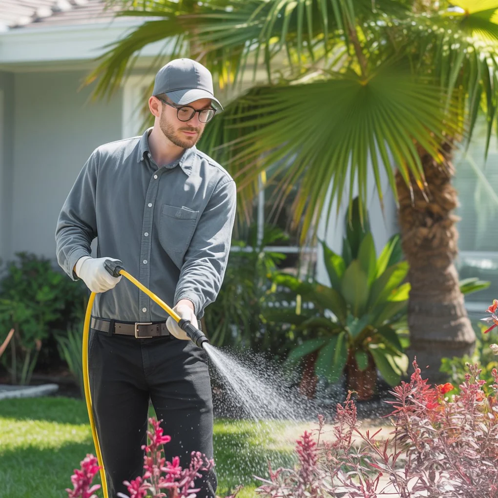 Technician treating ornamental landscaping around a home