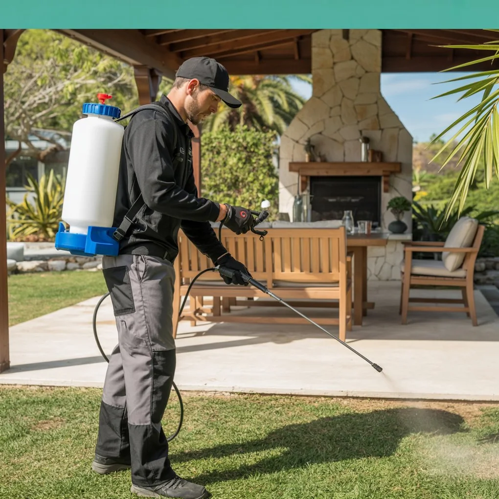 Pest control technician treating a residential lawn and patio area