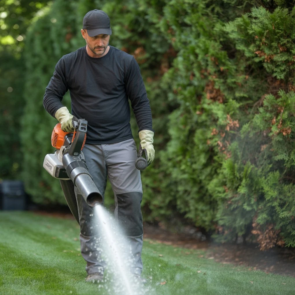 Technician applying a granular treatment along a landscaped lawn