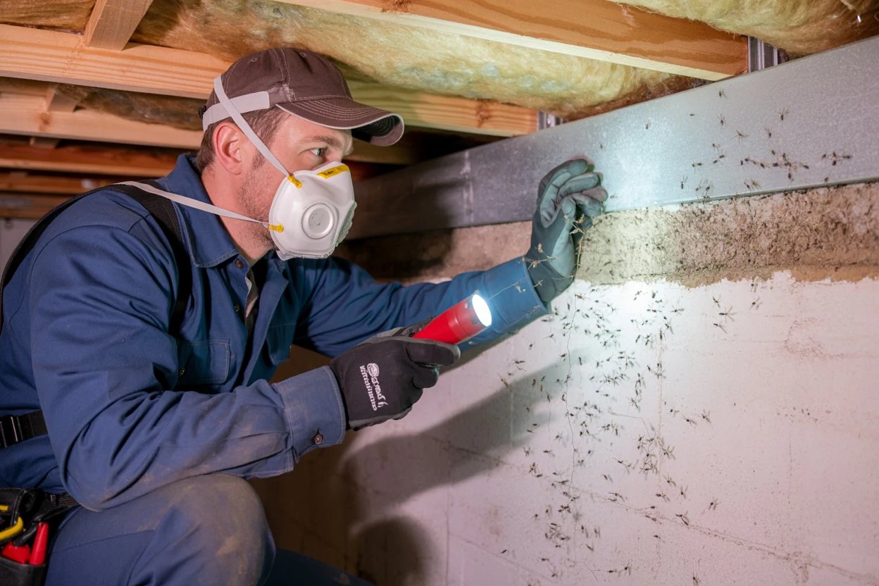 Technician inspecting a crawlspace for pest evidence and access points