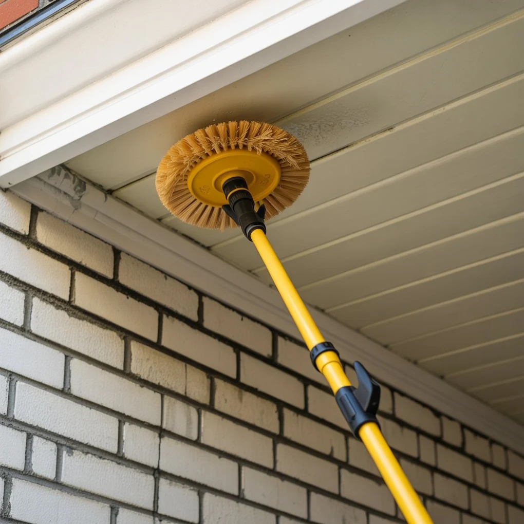 Long-handled brush clearing webs from a roof eave
